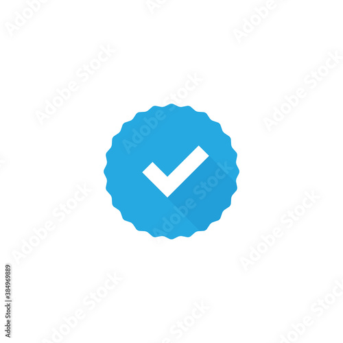 Blue verified stamp with long shadow. Icon design. Vector illustration.