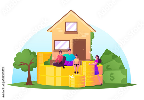 Family Income, Property Insurance, Mortgage Concept. Happy Family Characters front of Cottage with Piles of Huge Coins