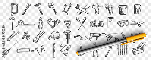 Repairs doodle set. Collection of hand drawn patterns sketches templates of working tools and instruments screwdriver drill spatula on transparent background. Maintenance equipment illustration.