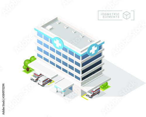 Isometric High Quality City Hospital with Shadows on White Background . Isolated Vector Elements