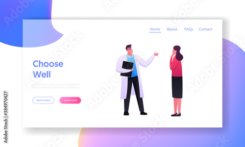 Medical Consultation Landing Page Template. Female Character Visiting Doctor Appointment for Professional Medic Advice