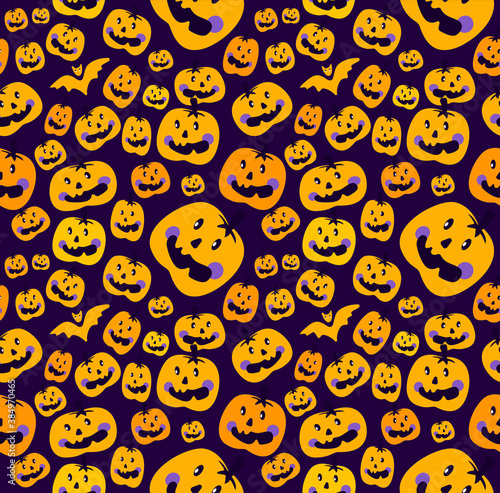 Halloween Pumpkin Seamless Pattern.Jack-o-lantern, Endless Orange Bright Background,Cute Pumpkins,Bats. All Saints Day Banner. Bright Greeting Happy Halloween. Textile Print.Spooky Vector Illustration © Alina.Alina