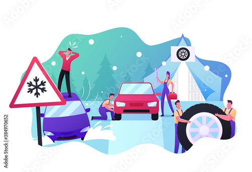 Mechanics Change Summer Tyres on Winter ones. Desperate Male Character Stand on Roof of his Car Stuck in Deep Snowdrift