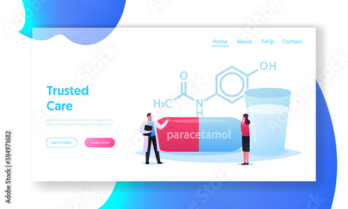 Pills Producing Landing Page Template. Tiny Doctor and Patient Character Stand at Huge Formula of Paracetamol Medicament