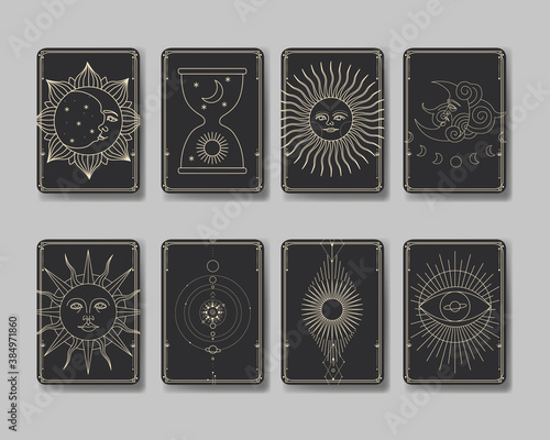 Set of decorative tarot cards. Vintage retro vintage engraving style. the sun, moon phases, crystals, magic symbols. print in the interior and design. vector graphics
