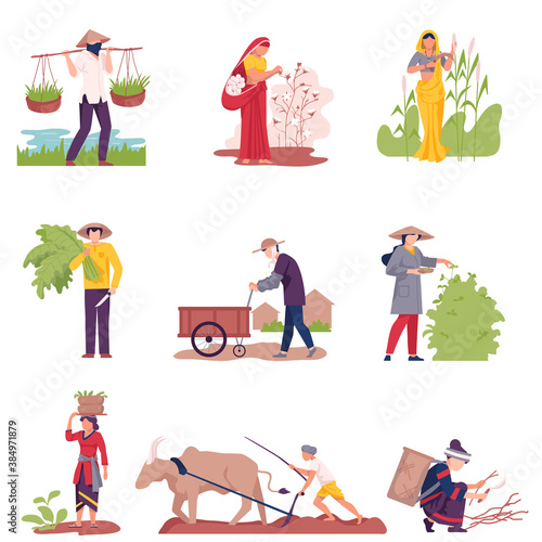 Asian Farmers Gathering Agricultural Crops and Cultivating Soil Vector Illustration Set © topvectors