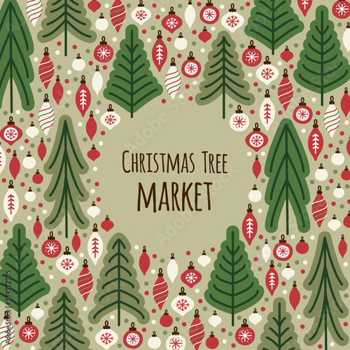Cute Scandinavian Christmas Tree Market background with fir trees