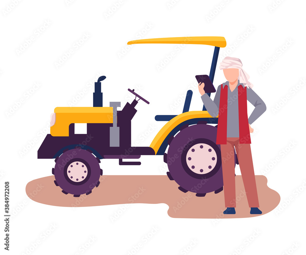 Asian Male Farmer Standing Beside Tractor Machine Vector Illustration