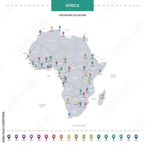 Africa map with location pointer marks. Infographic vector template, isolated on white background.