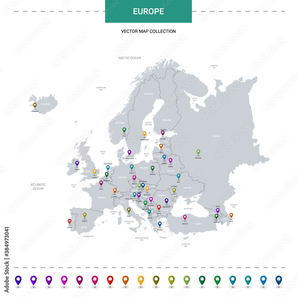 Europe map with location pointer marks. Infographic vector template, isolated on white background.