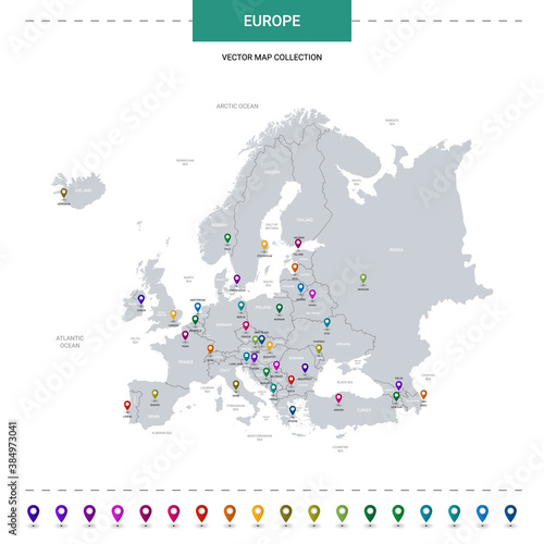 Europe map with location pointer marks. Infographic vector template, isolated on white background.