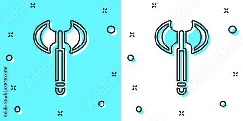 Black line Medieval axe icon isolated on green and white background. Battle axe, executioner axe. Medieval weapon. Random dynamic shapes. Vector.