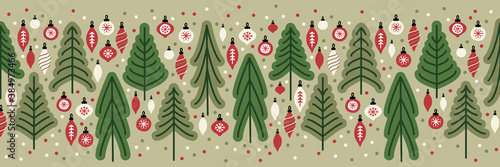 Cute Scandinavian Christmas Tree Market banner background with Fir Trees