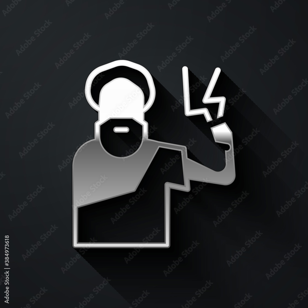 Silver Zeus icon isolated on black background. Greek god. God of Lightning. Long shadow style. Vector. Silver Zeus icon isolated on black background. Greek god. God of Lightning. Long shadow style. Vector.