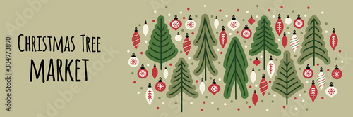 Cute Scandinavian Christmas Tree Market banner background with Fir Trees