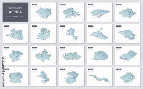 Vector isometric maps set - Africa continent.  Maps of African countries with administrative division and cities. Part 1.