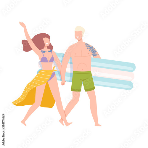Tattooed Man and Woman Holding Hands and Carrying Rubber Raft Vector Illustration