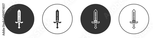 Black Medieval sword icon isolated on white background. Medieval weapon. Circle button. Vector.