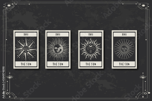 Set of decorative tarot cards. Vintage retro vintage engraving style. the sun, moon phases, crystals, magic symbols. print in the interior and design. vector graphics