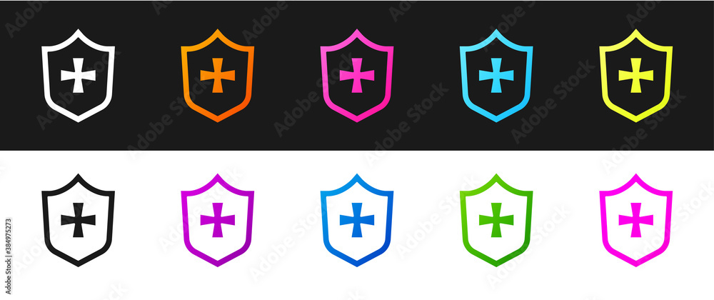 Set Shield icon isolated on black and white background. Guard sign. Security, safety, protection, privacy concept. Vector. Set Shield icon isolated on black and white background. Guard sign. Security, safety, protection, privacy concept. Vector.