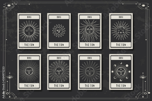 Set of decorative tarot cards. Vintage retro vintage engraving style. the sun, moon phases, crystals, magic symbols. print in the interior and design. vector graphics