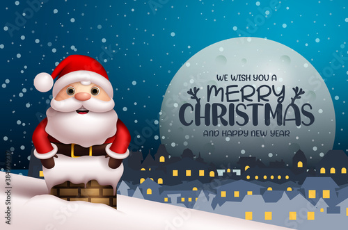 Merry christmas vector background design. Merry christmas text with santa claus character in chimney with night city background for winter holiday season celebration. Vector illustration.