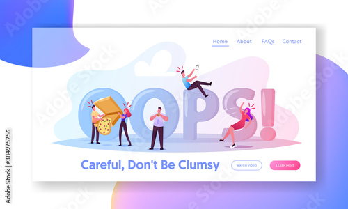 Clumsiness Landing Page Template. Awkward or Clumsy Male, Female Characters Falling on Wet Floor, Slap Clothes with Food
