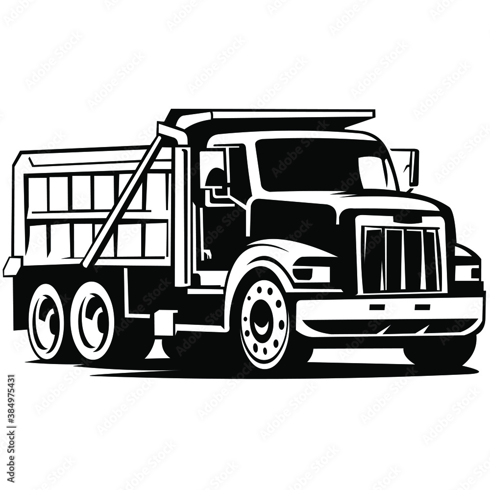 dump truck car vector on black and white background, dump truck silhouette