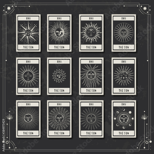 Set of decorative tarot cards. Vintage retro vintage engraving style. the sun, moon phases, crystals, magic symbols. print in the interior and design. vector graphics