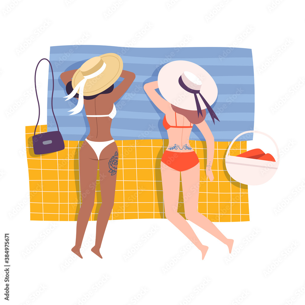 Tattooed Women in Swimming Suit Lying on Beach Towel Top View Vector Illustration