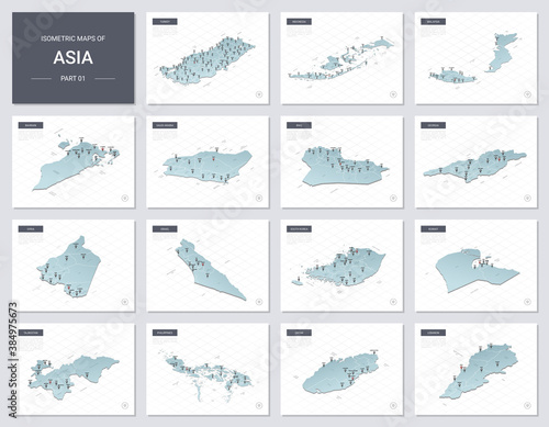Vector isometric maps set - Asia continent. Maps of Asian countries with administrative division and cities. Part 1.