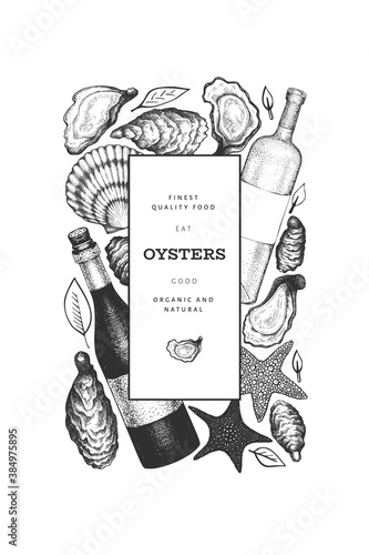 Oysters design template. Hand drawn vector illustration. Seafood banner. Can be used for design menu, packaging, recipes, fish market, seafood products.