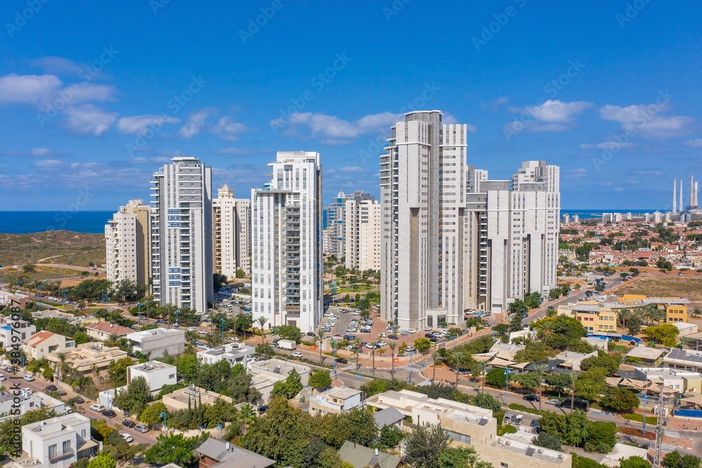 Givat Olga skyline, located on Hadera west side, with The Mediterranean Sea in the background, Aerial image.