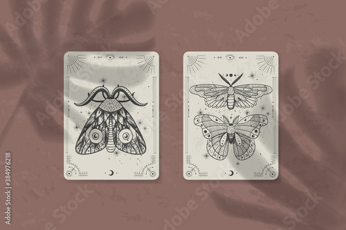 Set of decorative tarot cards. Vintage retro vintage engraving style. the sun, moon phases, crystals, magic symbols. print in the interior and design. vector graphics
