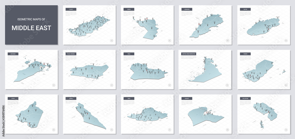 Vector isometric maps set - Middle East  region.  Maps of  Middle East  countries with administrative division and cities.