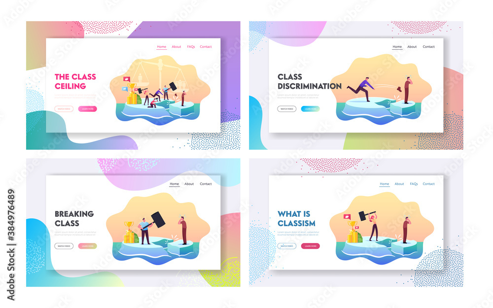 Class Discrimination, Inequity Landing Page Template Set. Successful Characters Drive Out Man in Poor Rough Clothes