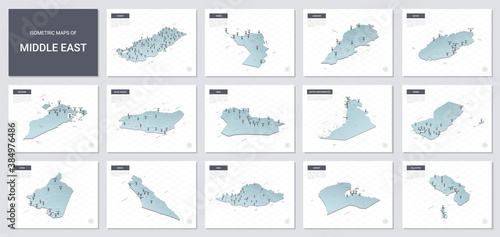 Vector isometric maps set - Middle East  region.  Maps of  Middle East  countries with administrative division and cities.