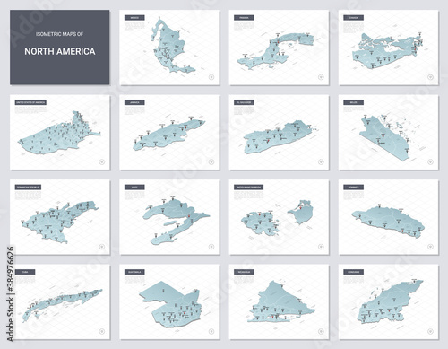 Vector isometric maps set - America continent.  Maps of North American countries with administrative division and cities.