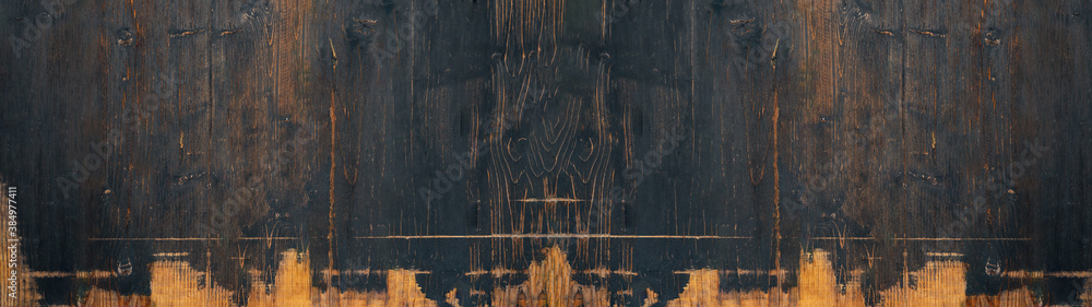 Naklejka premium Wood timber background banner panorama - Abstract grunge rustic aged weathered exfoliate peeled dark wooden wall board texture, frame template pattern