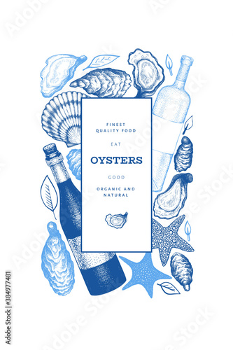 Oysters design template. Hand drawn vector illustration. Seafood banner. Can be used for design menu, packaging, recipes, fish market, seafood products.