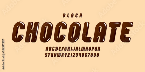 Black Chocolate glossy font, alphabet in the cartoon style, brown rounded italic letters from A to Z and numbers from 0 to 9 for you designs, vector illustration 10EPS