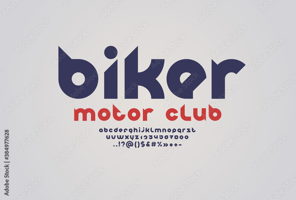 Font in the new biker style, rounded alphabet, trendy letters from A to Z and numbers from 0 to 9, vector illustration 10EPS