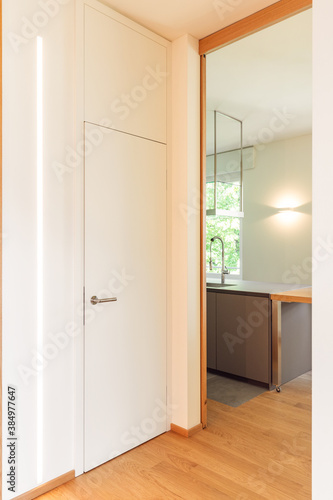 Corridor detail with door and led strip. View of kitchen, detail of sink and worktop