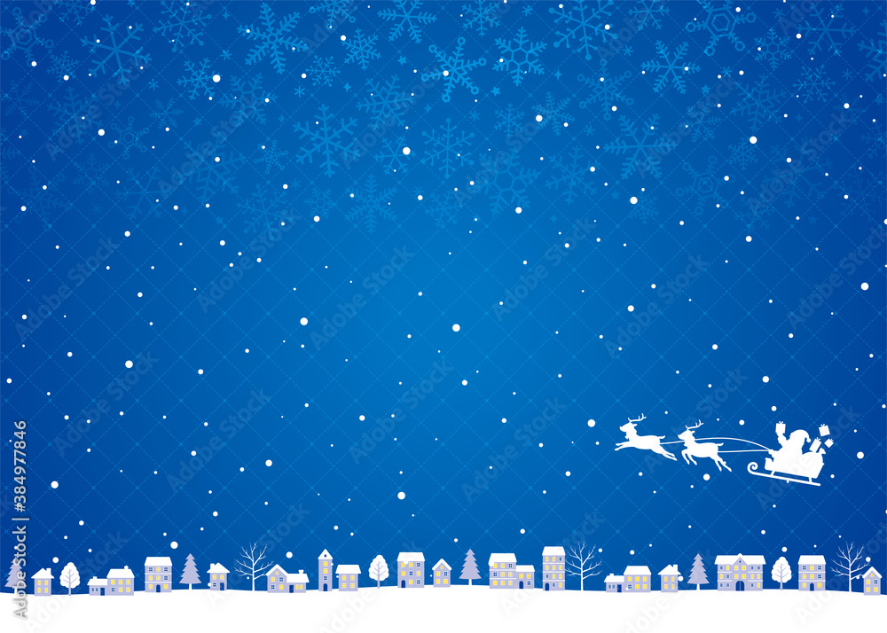 クリスマスの街並み青背景、サンタクロースとトナカイのソリ