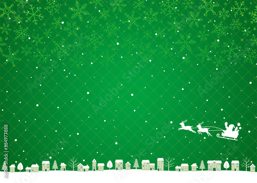 クリスマスの街並み緑背景、サンタクロースとトナカイのソリ