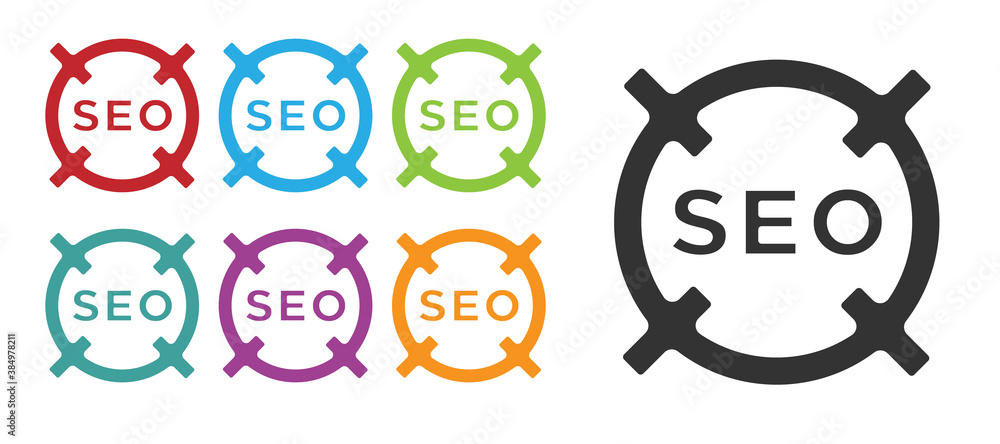 Black SEO optimization icon isolated on white background. Set icons colorful. Vector. Black SEO optimization icon isolated on white background. Set icons colorful. Vector.