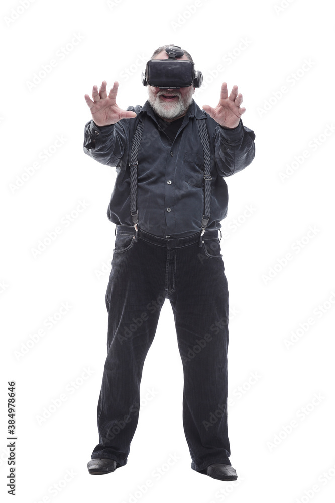 modern adult male in a virtual reality helmet. isolated on a white modern adult male in a virtual reality helmet. isolated on a white
