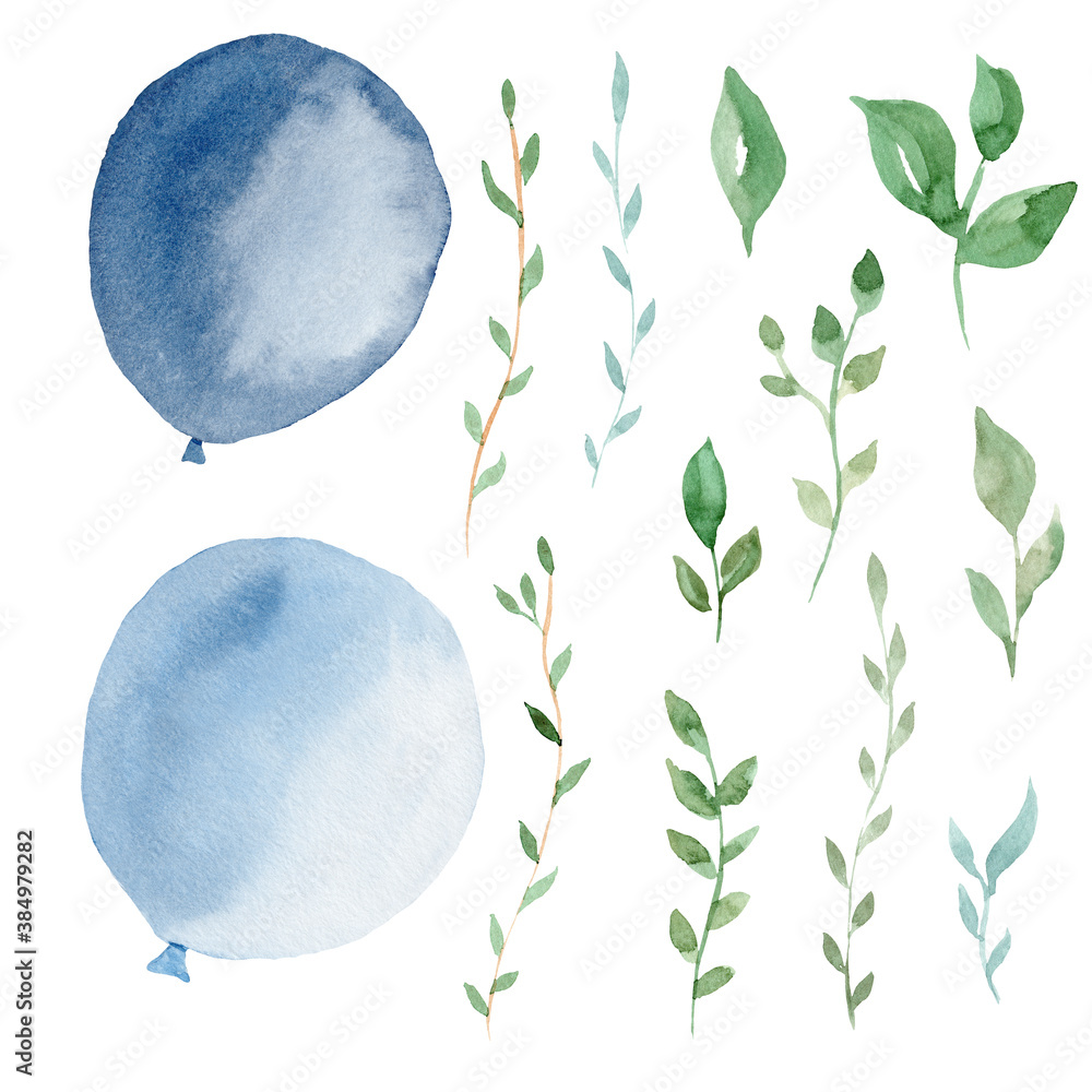 Hand drawn watercolor clipart set of light blue balloons and greenery leaves. Graphic illustration.