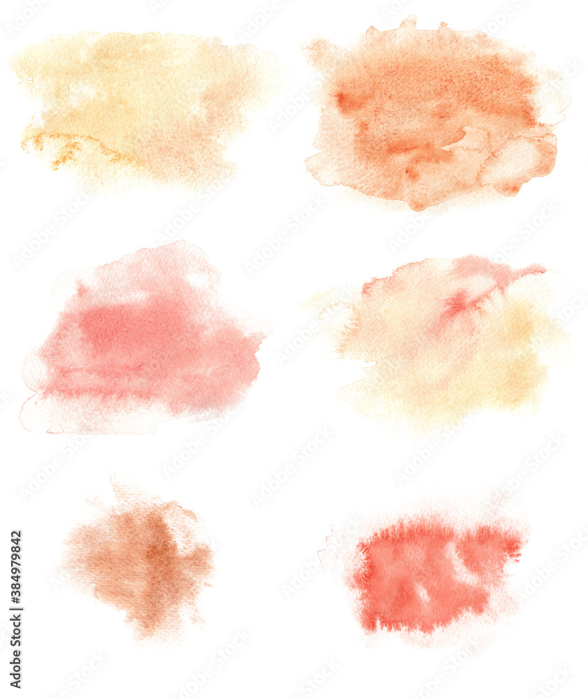 Watercolor stain splashes isolated on white. Red orange yellow brown hand painted textures.