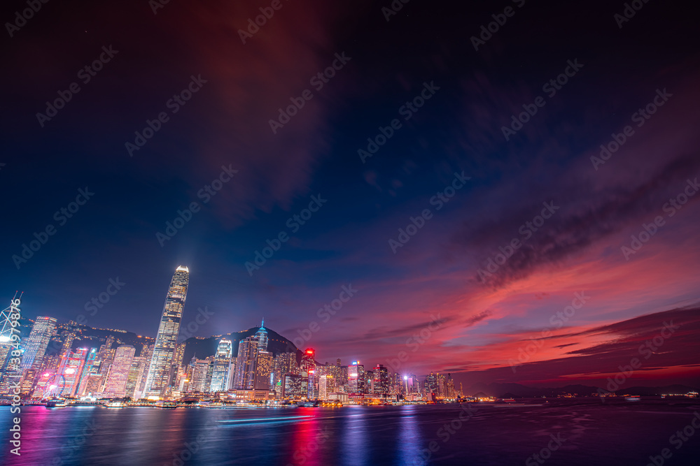 Burned sunset over Hong Kong Victoria Harbor   